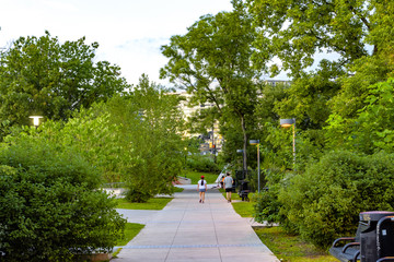 Philadelphia city skyline at sunset across Schuylkill river