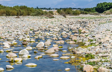 The dried up mountain river valley landscape