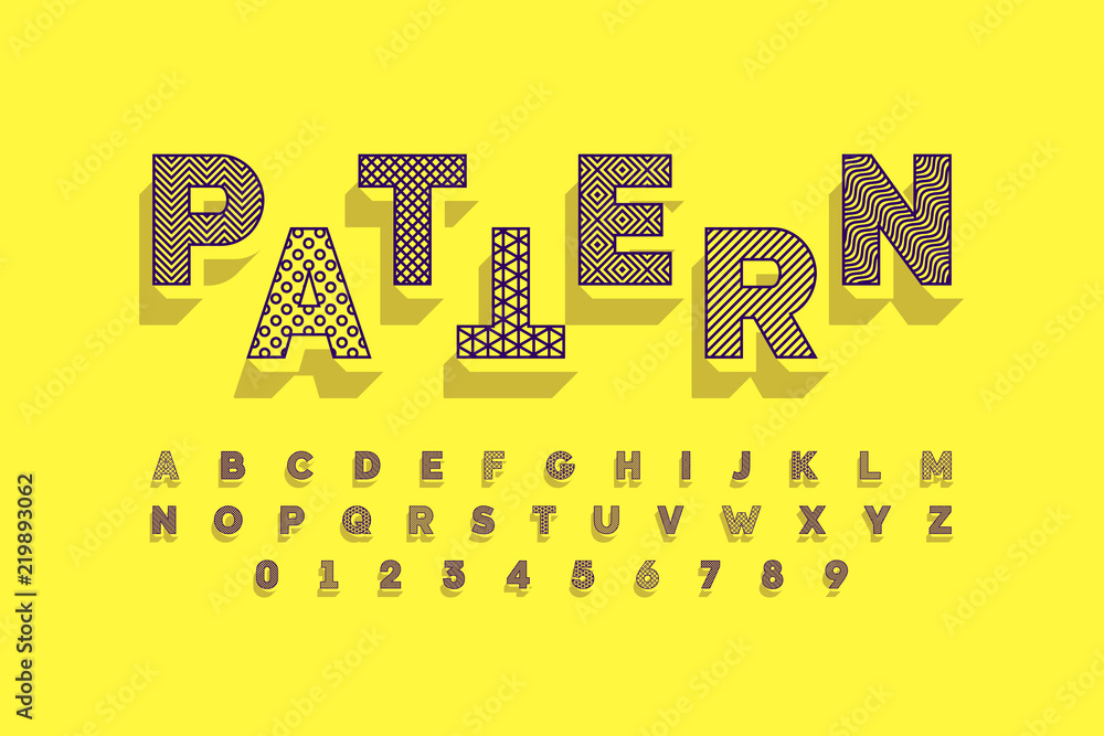 Fototapete modern font design with different patterns inside, alphabet letters and numbers