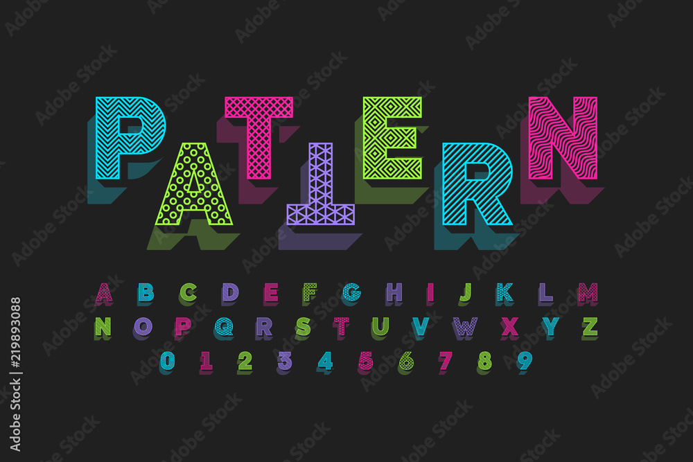 Fototapete modern font design with different patterns inside, alphabet letters and numbers