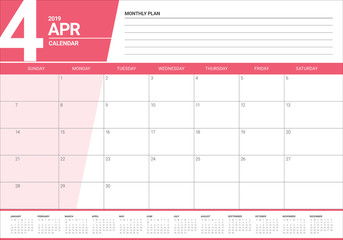April 2019 desk calendar vector illustration