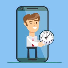 Young man from smartphone screen giving clock, isolated on background. time management. Business Concept . Vector illustration flat design.