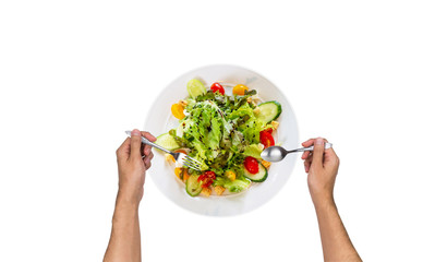 Salad bowl with cutlery isolated on white background with clipping path
