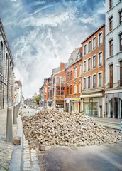 Paving works on the street of the old town of Liege