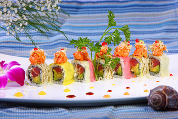 Fototapeta na wymiar Sushi roll combo with salmon tuna, and soy bean paper