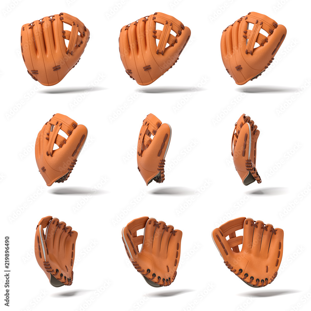 Poster 3d rendering of many orange leather baseball gloves in different angles of view on a white backgroun