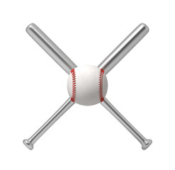 3d rendering of two steel baseball bats making a cross shape with a giant white baseball in front of them.