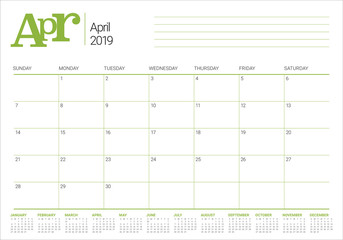 April 2019 desk calendar vector illustration