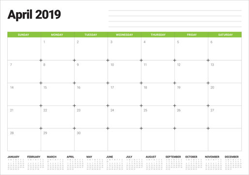 April 2019 desk calendar vector illustration