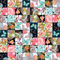 fancy seamless background with colorful patchwork pattern. watercolor painting