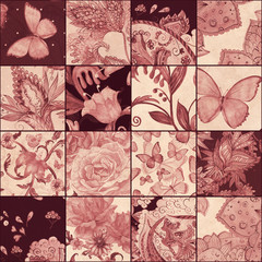 monochrome seamless texture with brown floral patchwork pattern. watercolor painting