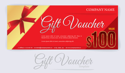 Fototapeta na wymiar Gift voucher with red ribbons and bow, Gift coupon, Voucher template