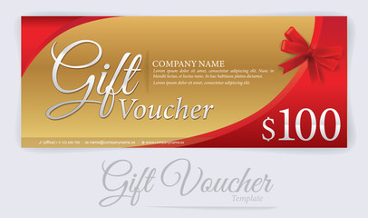 Gift voucher with red ribbons and bow, Gift coupon, Voucher template