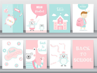 Fototapeta na wymiar Set of Back to School card set, school kids, chalkboards, learning,animal,cool, Vector illustration.