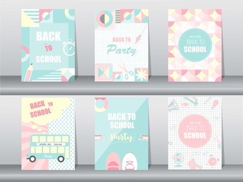 Set of Back to school card on retro pattern,school,bus,Memphis,geometric,Vector illustrations