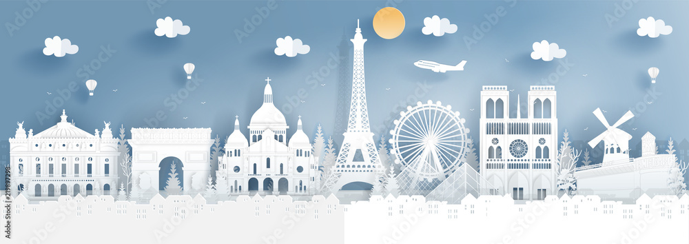 Wall mural Panorama of top world famous landmark of Paris, France for travel poster and postcard, in paper cut style vector illustration.