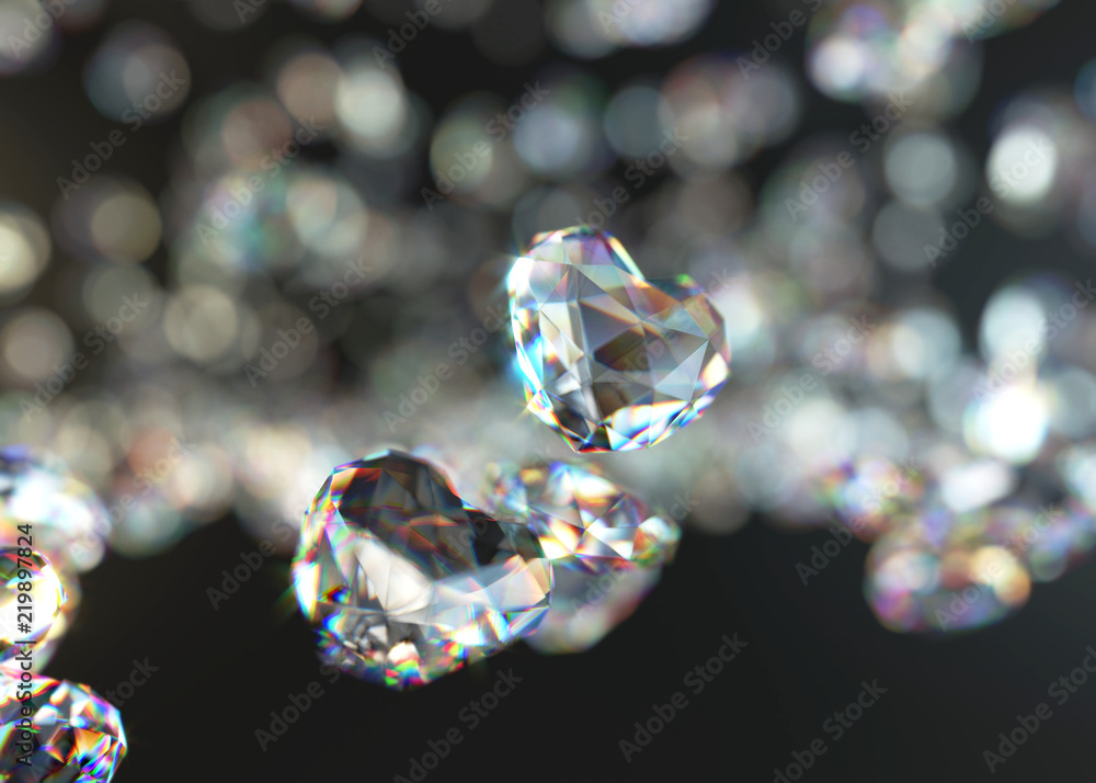 Poster heart shape diamond falling with light bokeh, 3d rendering.