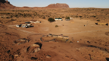 Fototapeta na wymiar Village near the Oljato–Monument Valley in Arizona. Ranch house. Aerial view, from above, drone shooting