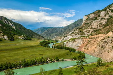 Panoramic view of the mountain river near ALtai, Russia.  Mountain river stream landscape