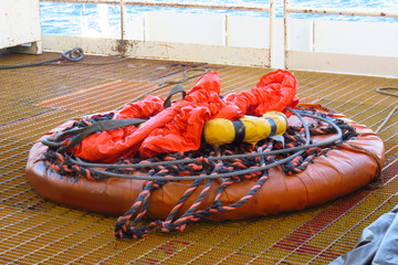 Personal basket use in offshore oil and gas lifting by crane operator for transfer passenger between boat and platform. © chanjaok1