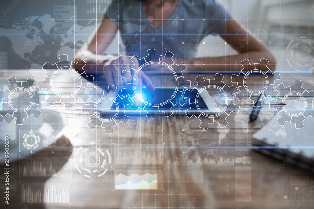Poster gears on virtual screen. business strategy and technology concept. automation process.