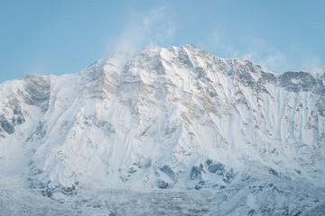 The scenery view of Annapurna I south face (8,091 metres) is a mountain in the Annapurna Himal range of the Himalayas, Nepal. View from Annapurna base camp.
