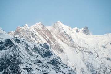 The scenery view of Annapurna Fang (7647 m) in Annapurna massif of Himalayas mountains range in Nepal. View from Annapurna base camp.
