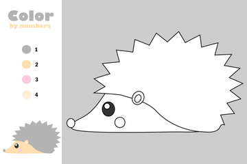 Hedgehog in cartoon style, color by number, autumn education paper game for the development of children, coloring page, kids preschool activity, printable worksheet, vector illustration