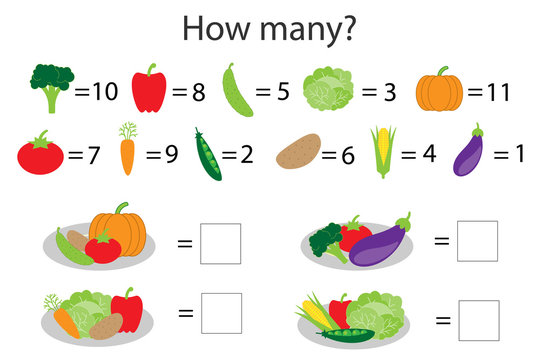 How many counting game with different vegetables for kids, educational math task for the development of logical thinking, preschool worksheet activity, count  and write the result, vector illustration
