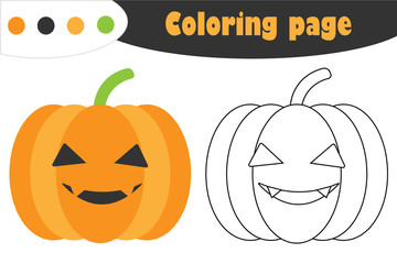 Pumpkin in cartoon style, halloween coloring page, education paper game for the development of children, kids preschool activity, printable worksheet, vector illustration