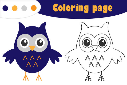 Owl in cartoon style, halloween coloring page, education paper game for the development of children, kids preschool activity, printable worksheet, vector illustration