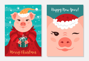 Funny Christmas pigs, Greeting cards Merry Christmas and New Year 2019. Vector illustration EPS 10