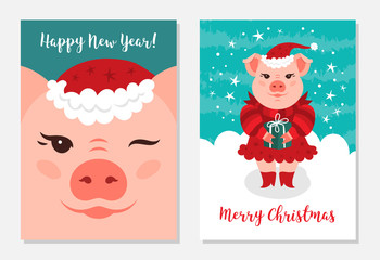 Funny Christmas pigs, Greeting cards Merry Christmas and New Year 2019. Cute pig wink. A pink pig in a Santa Claus hat holds a gift, a turquoise background. Vector illustration EPS 10