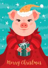 Merry Christmas Card, Funny Christmas pig. A cartoon pig in a red Santa Claus hat holds a gift, a turquoise background and snowflakes. Greeting card Vector illustration