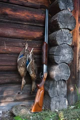Tuinposter two ducks and shotgun on the wooden wall © rodimovpavel