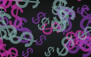 Multicolored translucent dollar signs on dark background. Green tones. 3D illustration