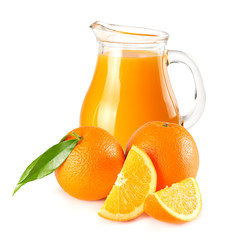 orange juice with orange and green leaf isolated on white background. juice in jug