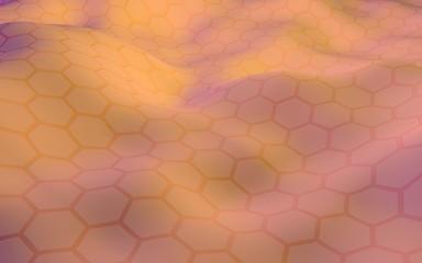 Colorful honeycomb with a gradient color on a light background. Perspective view on polygon look like honeycomb. Wavy surface. Isometric geometry. 3D illustration