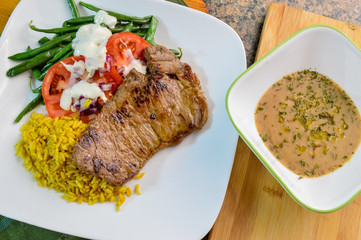 beef steak with rice and salad 1