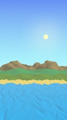 Sun Sea Beach. Noon. Ocean shore line with waves on a beach. Island beach paradise with waves. Vacation, summer, relaxation. Seascape, seashore. Minimalist landscape, primitivism. 3D illustration