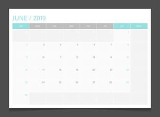 Calendar 2019 June week start Sunday corporate business modern design layout template vector.	
