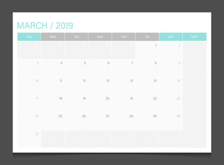 Calendar 2019 March week start Sunday corporate business modern design layout template vector.	