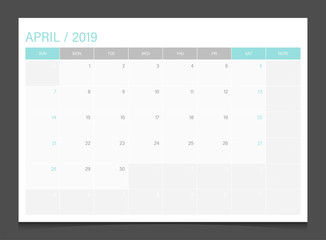 Calendar 2019 April week start Sunday corporate business modern design layout template vector.	