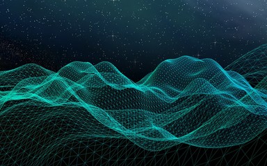 Abstract landscape on a dark background. Cyberspace grid. Hi-tech network. Outer space. Starry outer space texture. 3D illustration