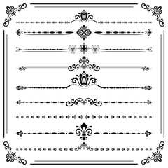 Vintage set of decorative elements. Horizontal separators in the frame. Collection of different ornaments. Classic patterns. Set of vintage black and white patterns
