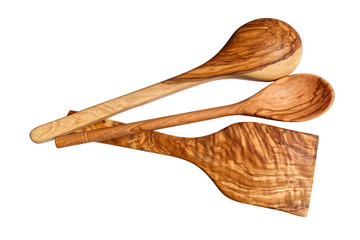 Three wooden spoons of olive wood isolated in white background. Olive wood texture