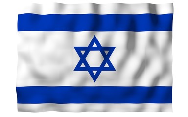 The flag of Israel. State symbol of the State of Israel. A blue Star of David between two horizontal blue stripes on a white field. 3d illustration