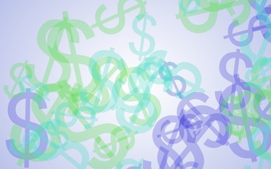 Multicolored translucent dollar signs on white background. Green tones. 3D illustration