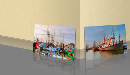 marble wall are a panoramic photo of fishing boats and boats on the dock