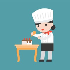 cute pastry chef decorating cake, flat design